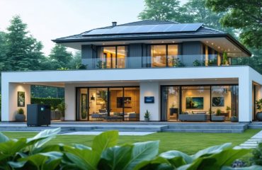 A modern and sustainable home featuring a sleek solid state battery system integrated with solar panels, symbolizing advanced and eco-friendly energy solutions.