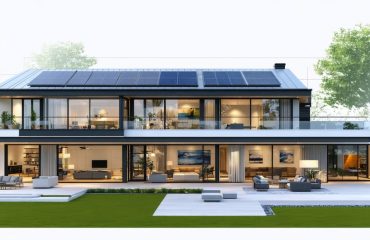 Digital illustration of a cutting-edge, energy-efficient home featuring large south-facing windows, solar panels, and smart technology integration to reduce energy consumption.