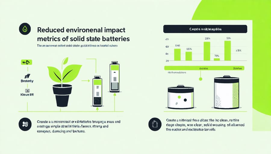 Visual comparison of environmental metrics between solid state and traditional batteries, including raw material usage and carbon footprint