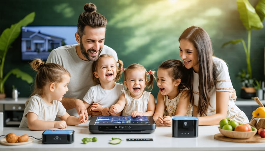 Family relaxing in solar-powered home with visible energy solutions