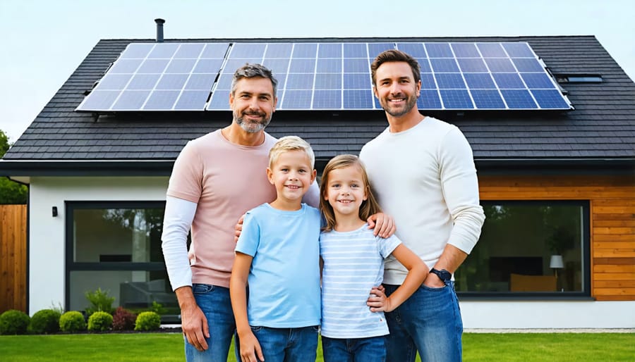 Three generations of a family smiling in front of their house with rooftop solar panels