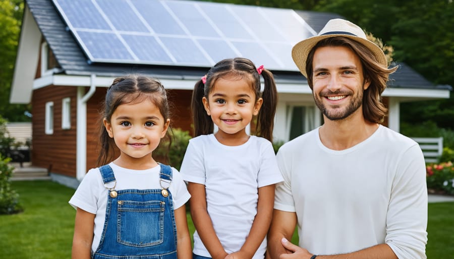 Family reviewing solar energy data on tablet in comfortable living room