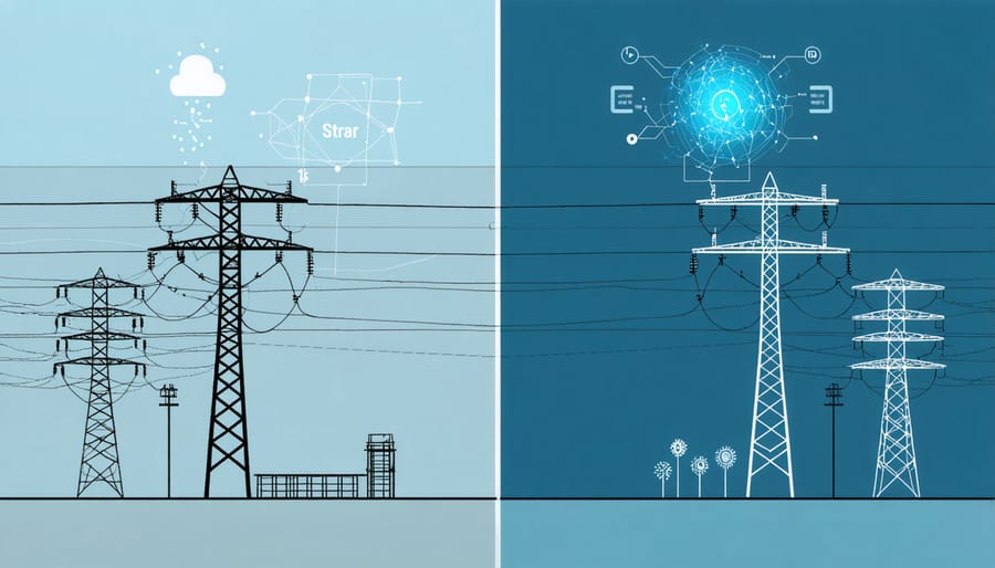 Side-by-side comparison of traditional power grid and quantum-enabled smart grid systems