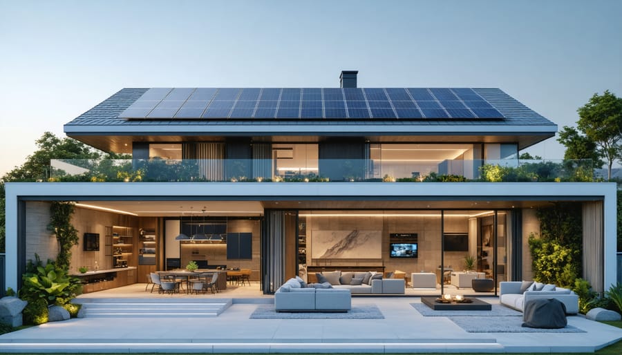 Modern home exterior with rooftop solar panels and smart home features