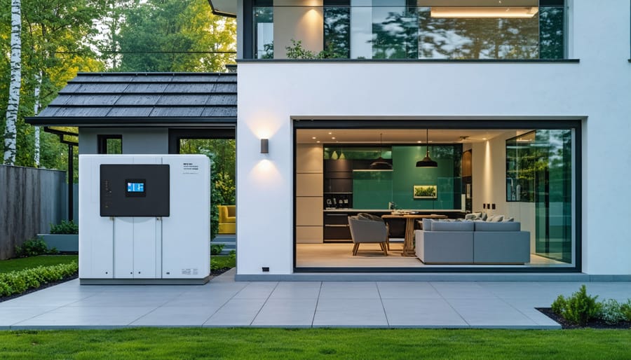 Wall-mounted home battery system beside electrical panel