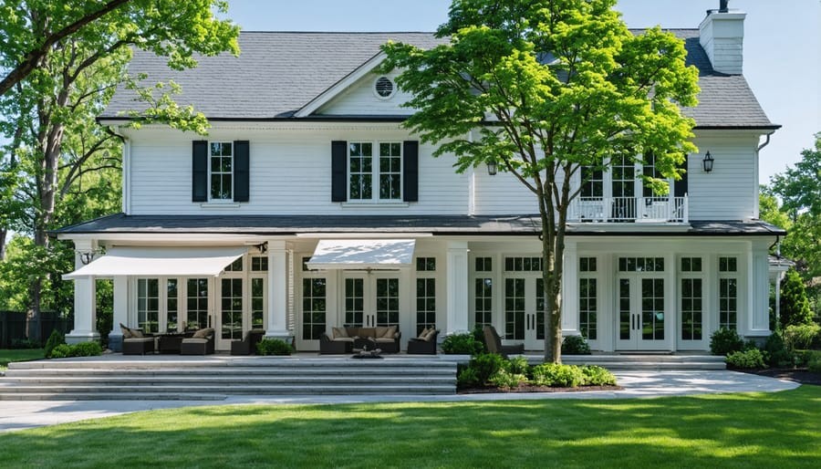 House with mature shade trees and window awnings blocking direct sunlight