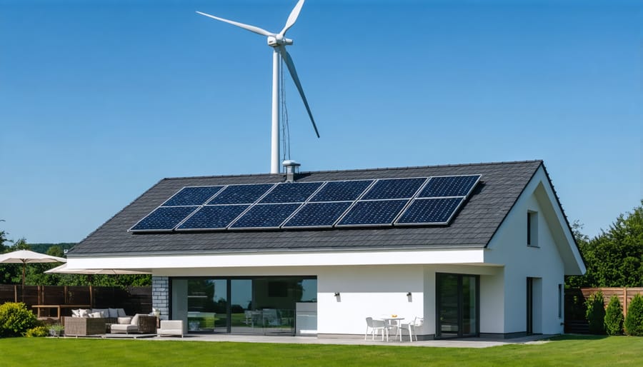 Residential property featuring integrated solar and wind power systems