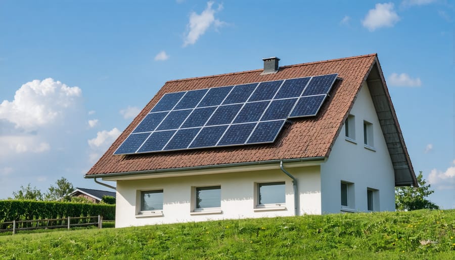 Modern home exterior with solar equipment and utility connection point