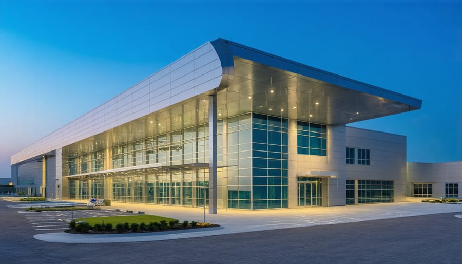 Modern hospital building with concentrated solar power installation visible behind it