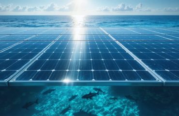 Futuristic depiction of floating solar panels on the ocean, capturing sunlight while providing habitat for marine life, symbolizing renewable energy in coastal areas.