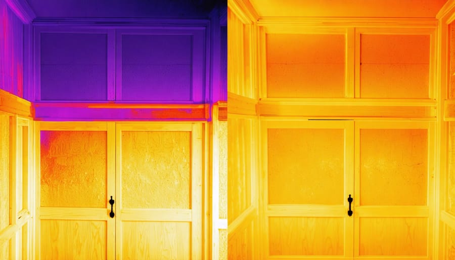 Side-by-side thermal images showing temperature differences in insulated versus non-insulated home walls