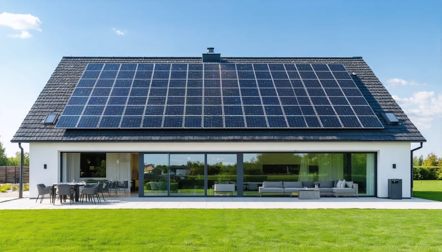 Modern house with rooftop solar panels and wall-mounted battery storage system