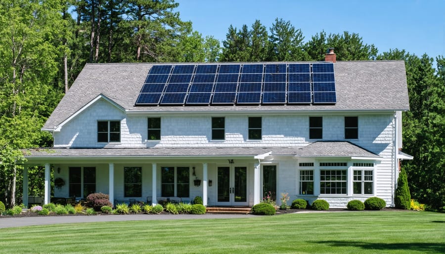 Residential rooftop solar panel array at sunset