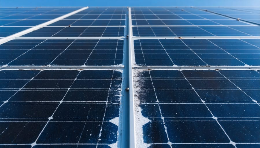 Corroded solar panel mounting hardware and degraded panel surface due to salt exposure