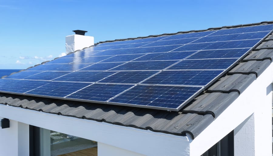 Professional installing marine-rated solar panels with protective components on oceanfront property