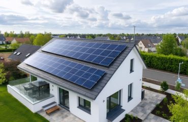 "Modern home with solar panels on the roof, battery storage, and grid connection, representing a 3-hybrid energy system."