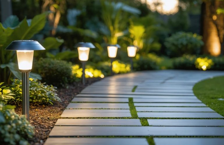 "Modern solar outdoor lights illuminating a landscaped garden path at twilight, surrounded by vibrant greenery."