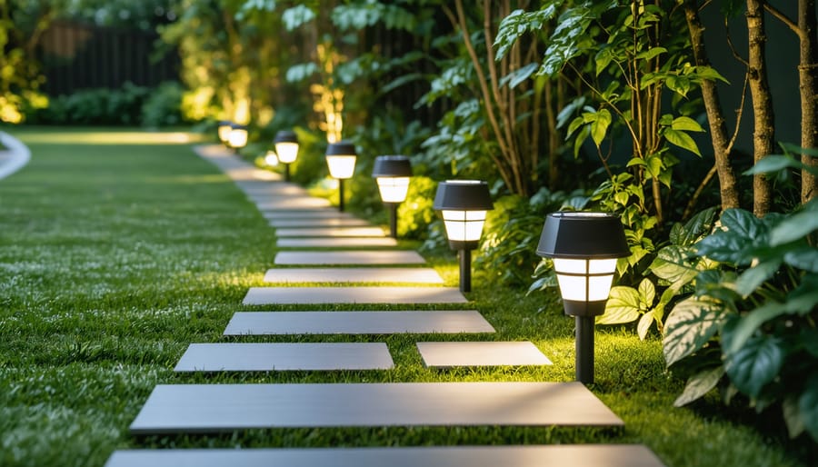 Illuminated garden path with modern solar lights at dusk
