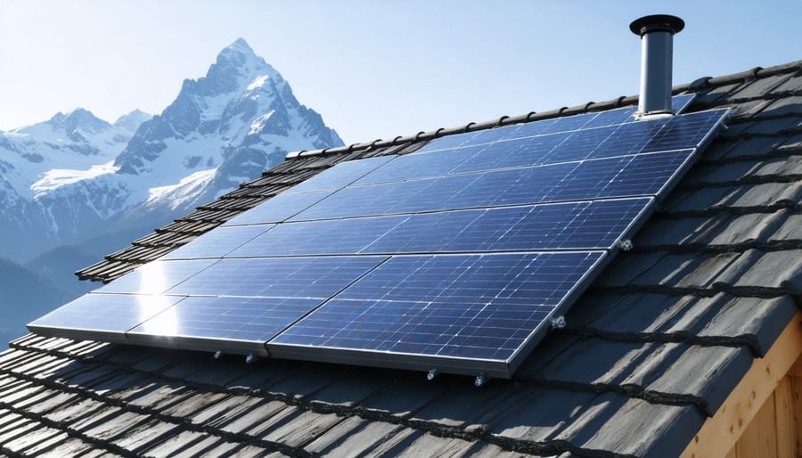 Solar panel array mounted on an alpine cabin with majestic snowy mountains in the distance
