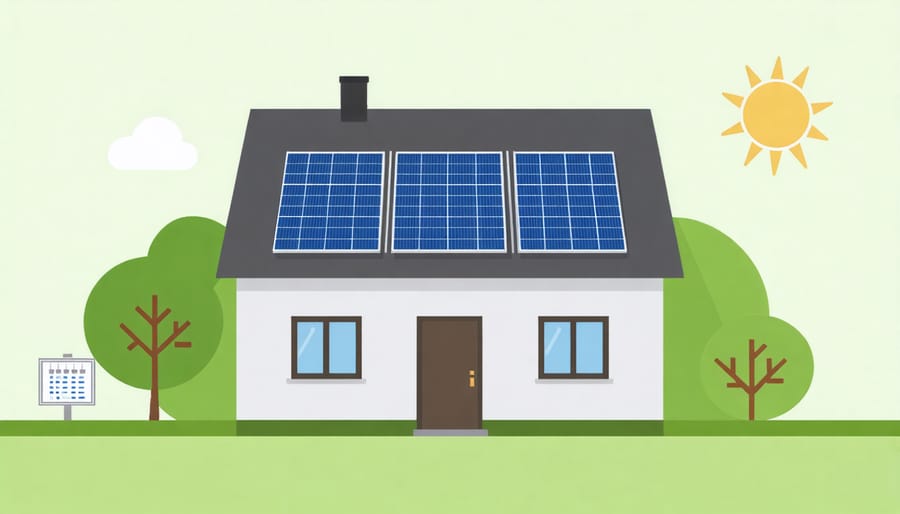 Illustrated house with solar panels showing bidirectional energy flow between home and power grid