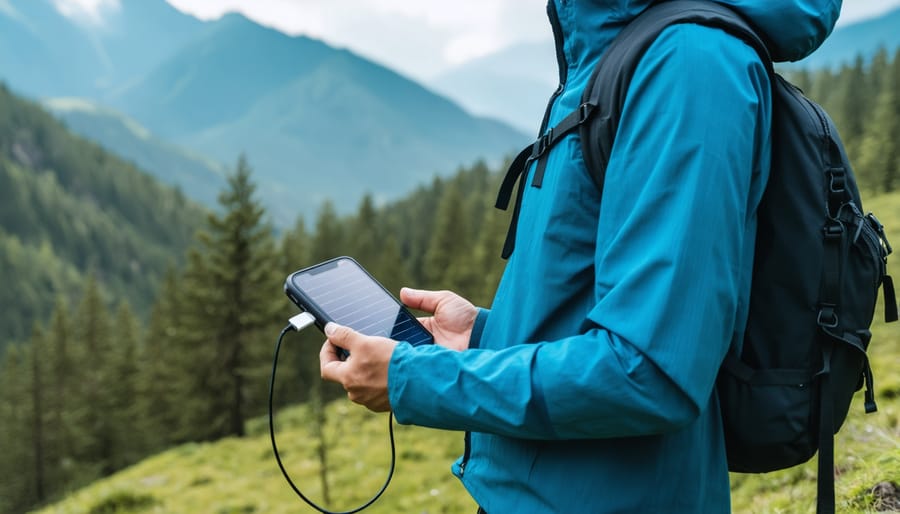 Hiker charging smartphone wirelessly with a solar power bank in nature