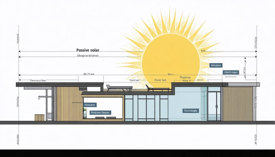 Architectural diagram illustrating passive solar design principles with seasonal sun paths and interior heat flow patterns