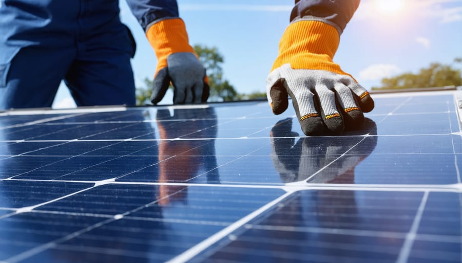 Hands wearing protective gloves while handling solar panel edge
