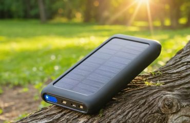 A modern Qi solar power bank with solar panels and a wireless charging pad, set against a scenic natural landscape with the sun shining, highlighting its sustainable and portable energy solution.