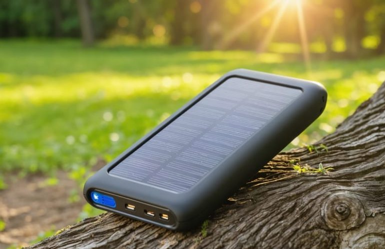 A modern Qi solar power bank with solar panels and a wireless charging pad, set against a scenic natural landscape with the sun shining, highlighting its sustainable and portable energy solution.