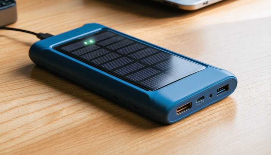 Internal components of a Qi solar power bank showing wireless charging coil and solar panel technology