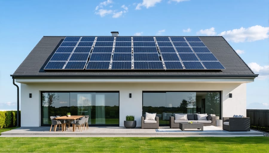 Residential house featuring sleek quantum dot solar panels on the roof