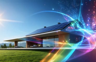 Artistic concept of a modern home showcasing futuristic quantum dot solar panels that absorb vibrant, multi-colored light waves, symbolizing advanced solar energy technology.