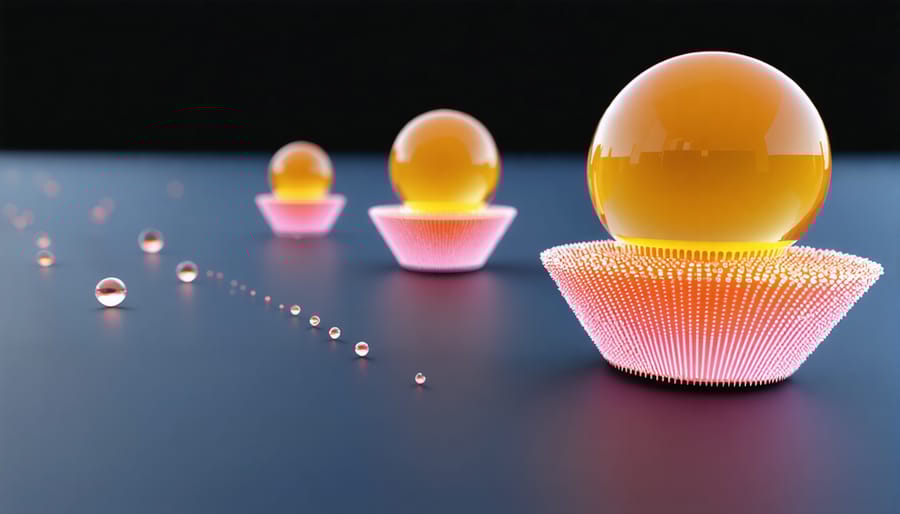 Scientific illustration of quantum dot nanoparticles with varying sizes showing different colors