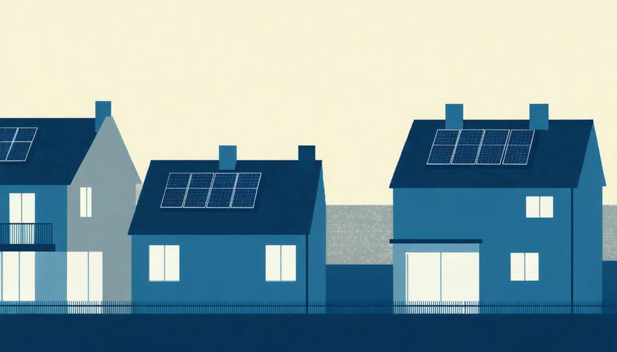 Warmly lit home interior visible at dusk showing working electrical systems