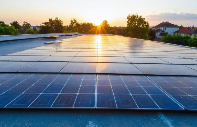 Low-angle medium-wide view of residential rooftop solar panels glinting in golden hour light, with soft-focus neighborhood roofs and trees in the background.