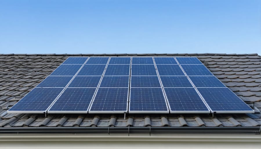 Modern suburban home with complete solar panel installation on roof