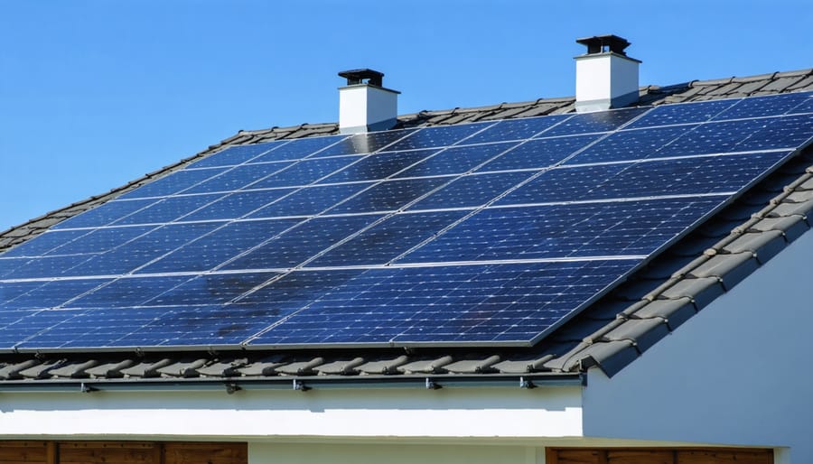 Aerial view of solar panels installed on residential rooftop