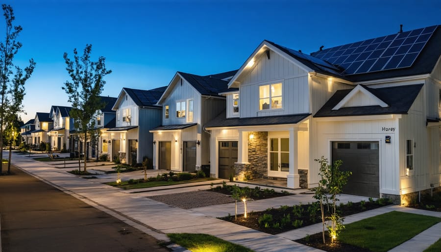 Houses with lights on during neighborhood power outage at dusk