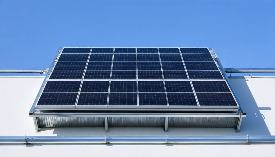 Rooftop installation of hybrid PV thermal solar panels with visible heat collection pipes