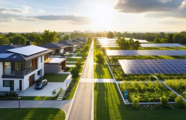 A visual comparison illustrating a neighborhood with homes fitted with rooftop solar panels juxtaposed against a communal solar farm where residents are seen discussing and collaborating, symbolizing the personal and collective approaches to solar energy adoption.