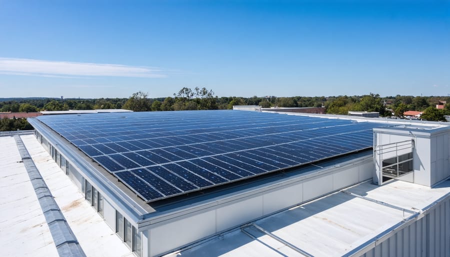 Aerial view of large solar panel array installed on school building roof