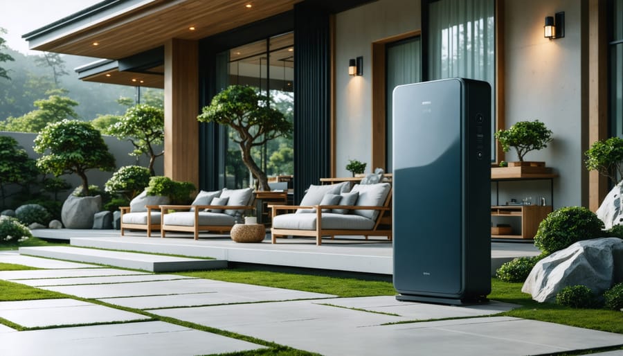 Wall-mounted home battery storage system in garage setting