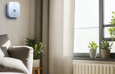 A modern smart thermostat showing a temperature setting of 78°F in a bright, energy-efficient room with sunlight, houseplants, and partially drawn curtains, symbolizing eco-friendly summer cooling.