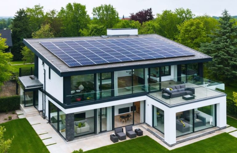 "A modern home featuring rooftop solar panels and integrated smart technology in a sustainable environment."