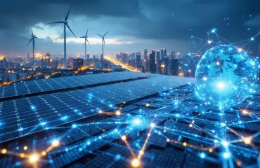 Illustration of a futuristic city skyline with solar panels, wind turbines, and interconnected quantum computing components depicting seamless energy distribution.