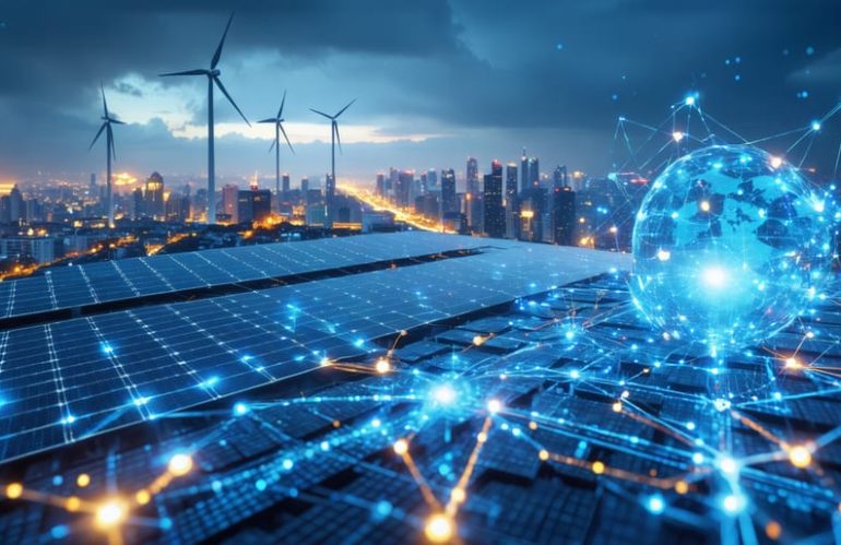 Illustration of a futuristic city skyline with solar panels, wind turbines, and interconnected quantum computing components depicting seamless energy distribution.