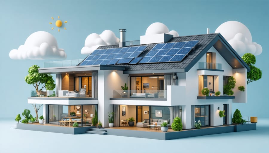 Digital illustration of modern energy-efficient home with highlighted smart technology features
