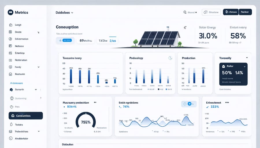 Digital interface displaying solar system performance charts and energy usage statistics