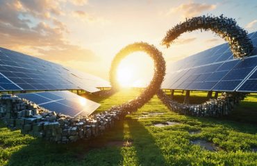 A conceptual image showing a sun made of recycled solar panels in a circular loop, representing the integration of solar energy and circular economy. Below, a scene of solar panels being dismantled and reassembled to illustrate continuous reuse and recycling in the solar industry.