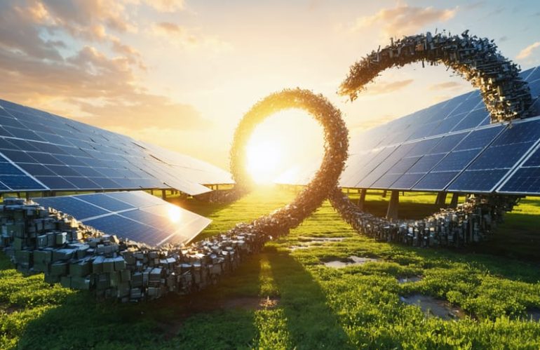 A conceptual image showing a sun made of recycled solar panels in a circular loop, representing the integration of solar energy and circular economy. Below, a scene of solar panels being dismantled and reassembled to illustrate continuous reuse and recycling in the solar industry.